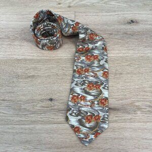 Robert Talbott Vintage Hand Sewn Silk Tie Floral Lotus Gray Orange USA Made EUC